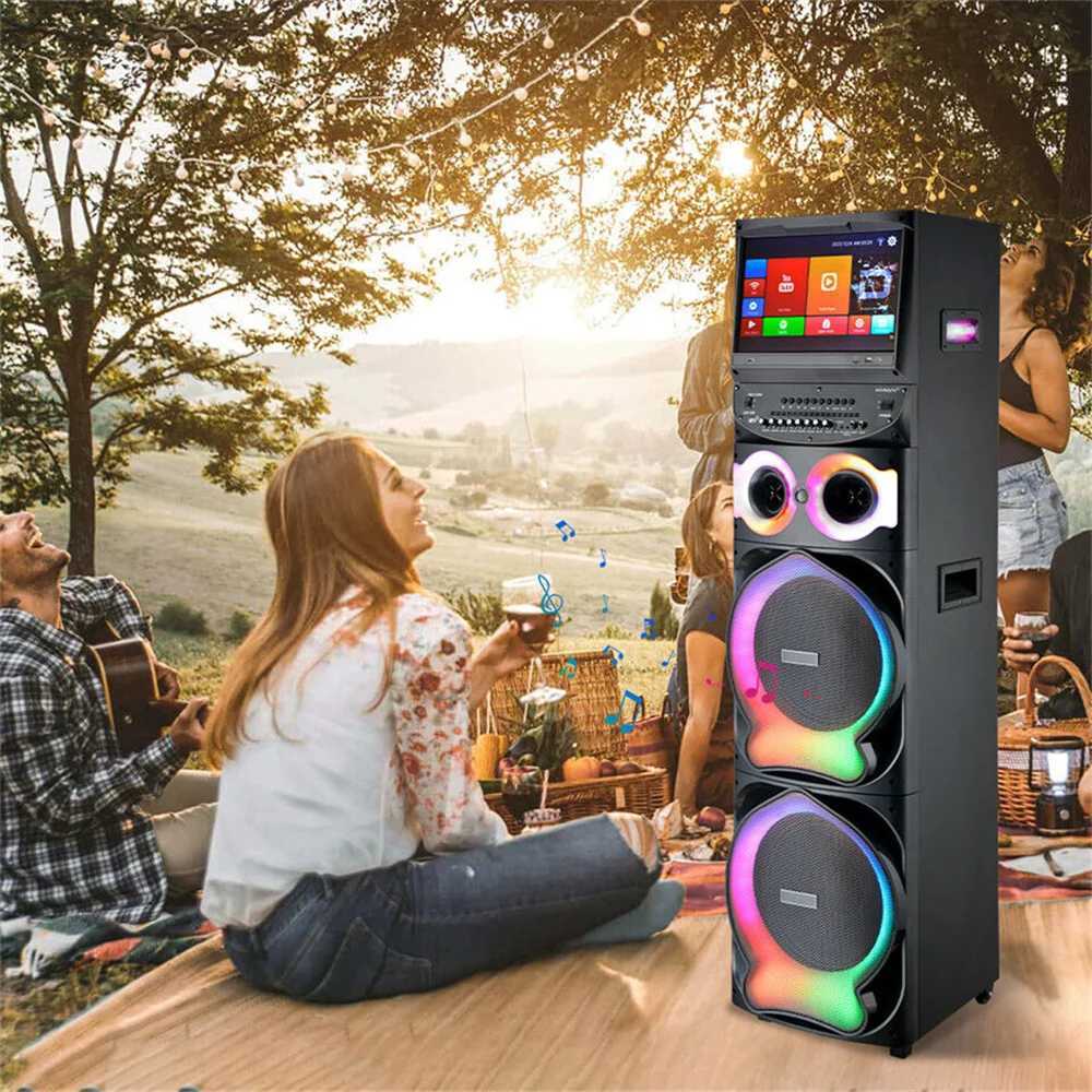200W Dual 12 Karaoke Party Speaker w/ 2 Mics 15 Android Touchscreen Portable Loud High Quality Speaker Z250213