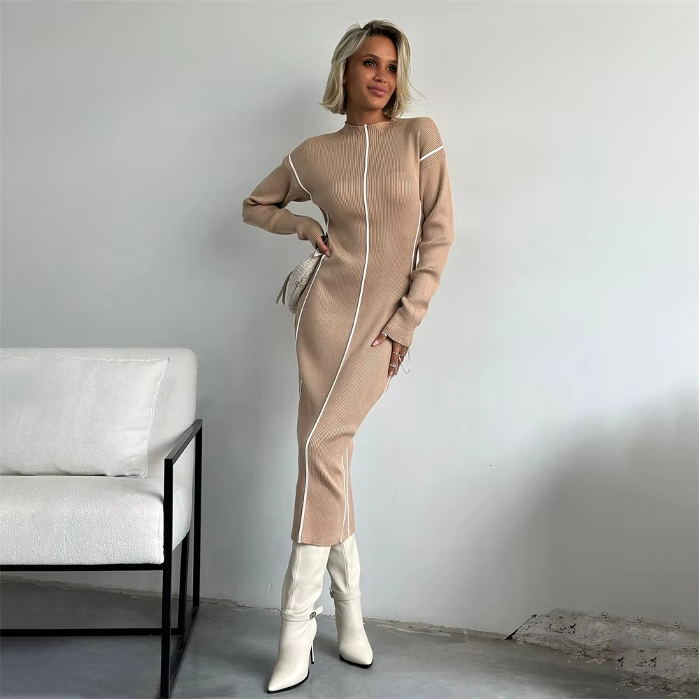 High Street Bright E Decoration Autumn 2024 Women Elegant Slim Dyeing O Neck Long Sleeved Designer Vintage Dresses