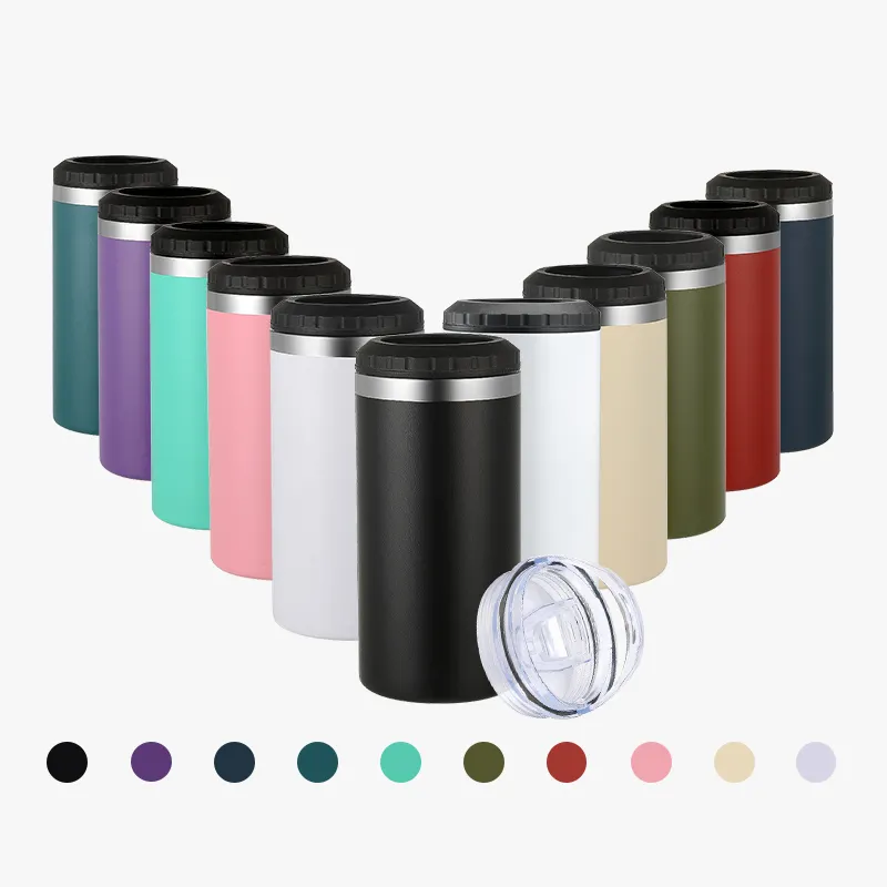 16oz 4 in 1 Can Cooler Straight Tumbler With Two Lids Double Wall Stainless Steel Vacuum Insulated Skinny Slim Can Bottle Coolers Drink Holder Travel Coffee Cups Mugs