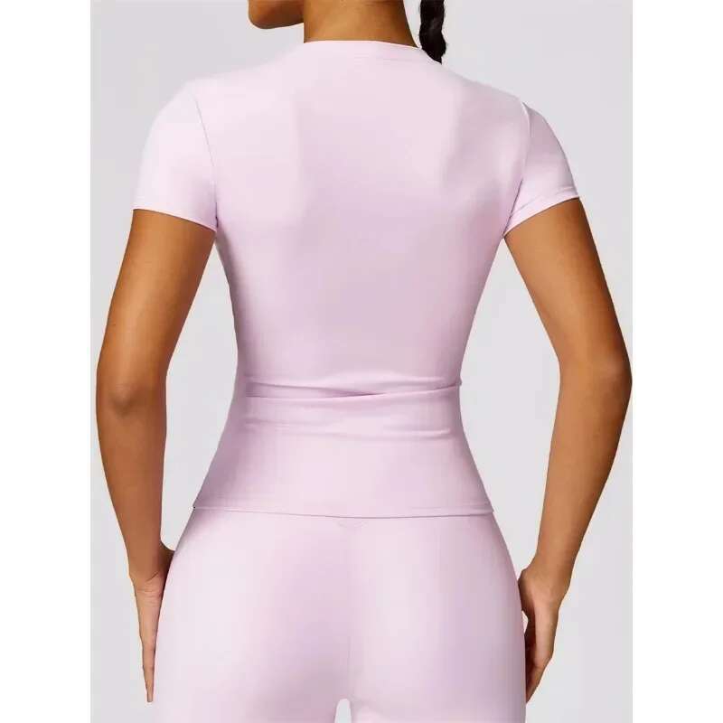 Seamless Yoga Set Women Pink Short Sleeve Top with High Waist Leggings Two Piece Workout Clothes Sports Fiess Gym Sets