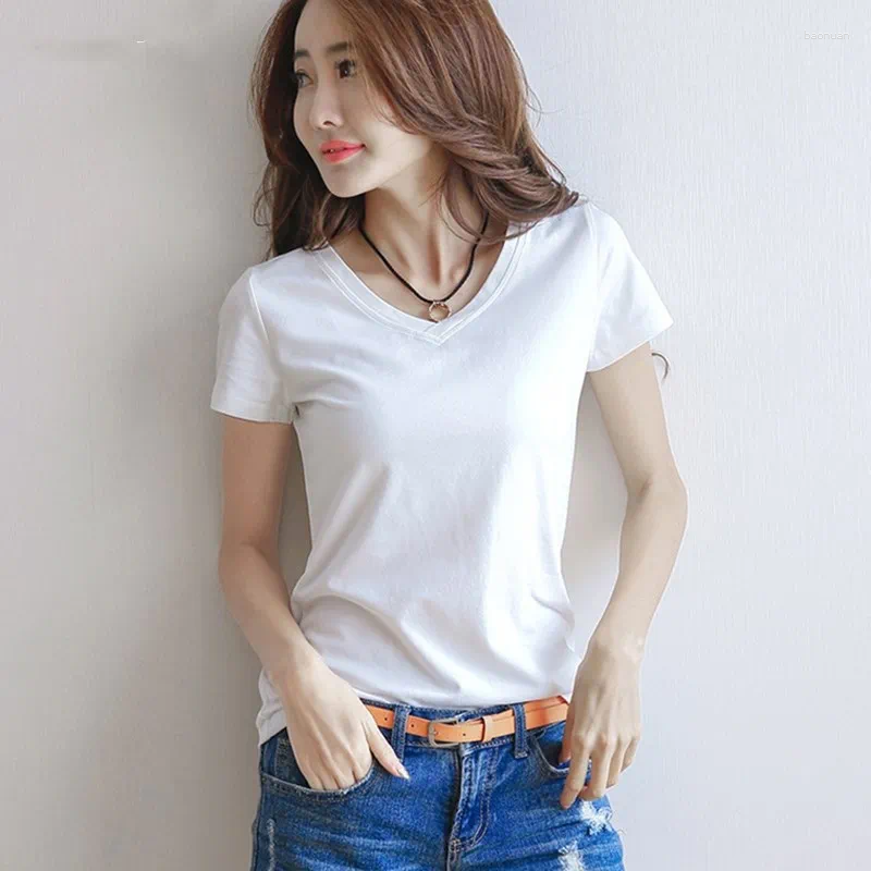 Women's T Shirts Summer Skinny T-shirt V-Neck / Round Neck Short Sleeve Black White Simple Women Shirt Casual Tee Top