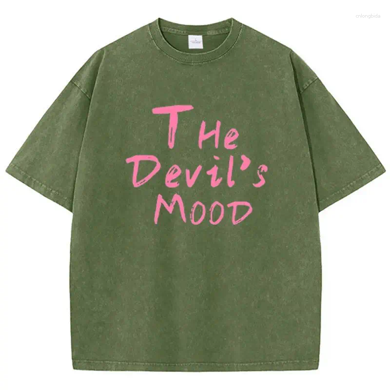 Women's T Shirts Fashion Womans Cotton Washed T-shirts The Devil's Moon Letter Prints Tops Casual O-Neck Oversize Tees Street Female Clothes