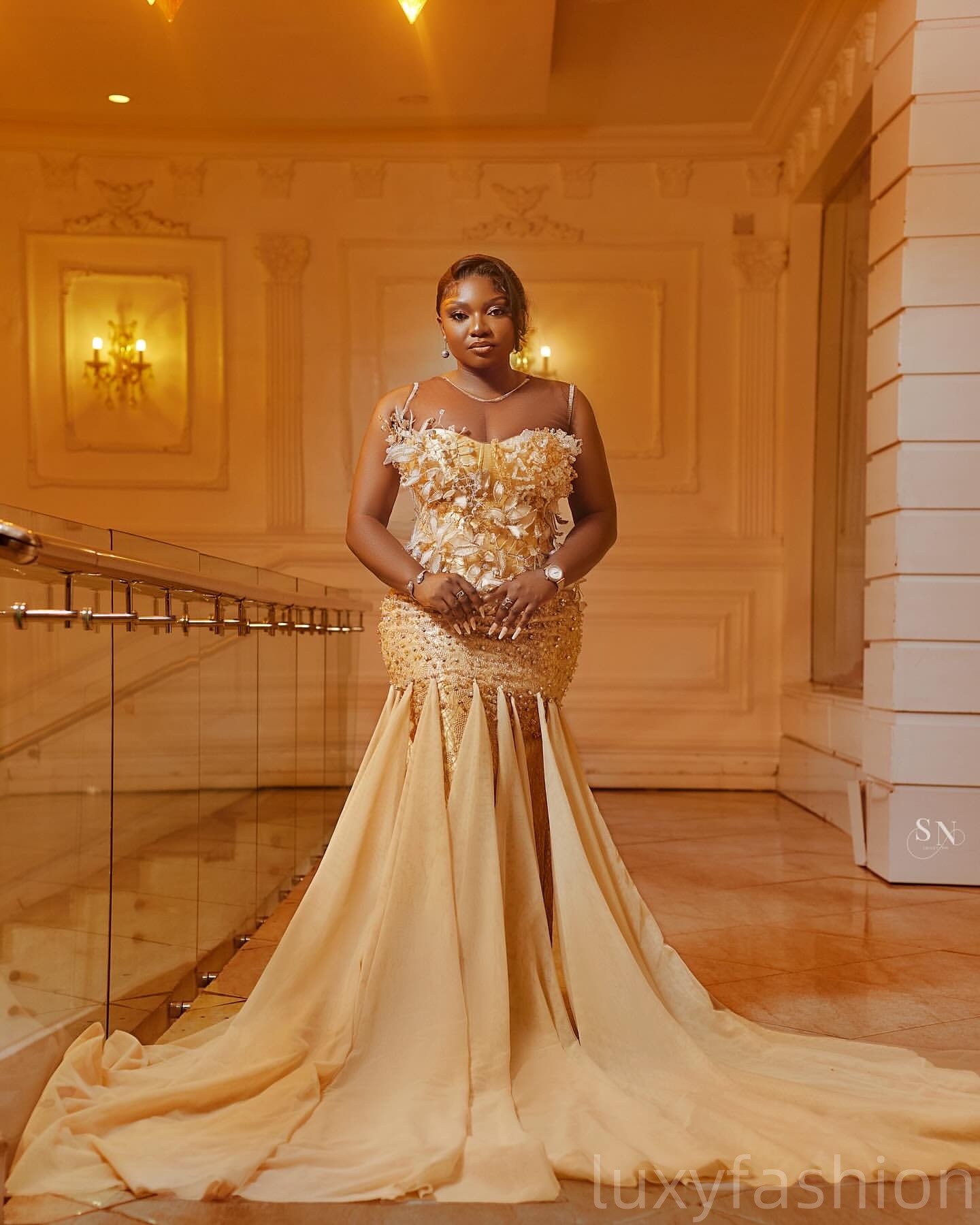 Aso Ebi 2025 Champagne Illusion Mermaid Prom Dresses Florals Beaded Chiffon Evening Formal Party Second Reception Birthday Gowns Dress For Special Occ