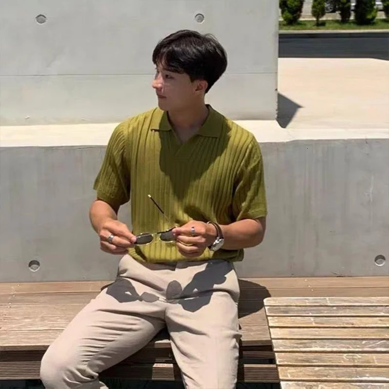 Summer Clothing Mens Light Knitted Solid Color Polo Shirt Fashion Striped V-Neck Short Sleeve Leisure Fashion Knitwear 250208