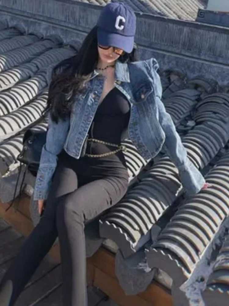 American Vintage Cropped Jackets Women Denim Chic Design Hip Hop Streetwear Young Slim Outwear Long Sleeve New Spring Popular X250213