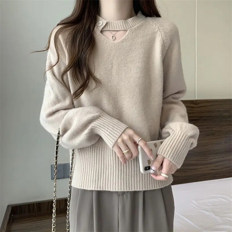 Hollow Out Solid Color Sweater Women Autumn Winter Trend O-neck Long Sleeve Knitwear Simplicity All-match Fashion Knitting Tops 250210
