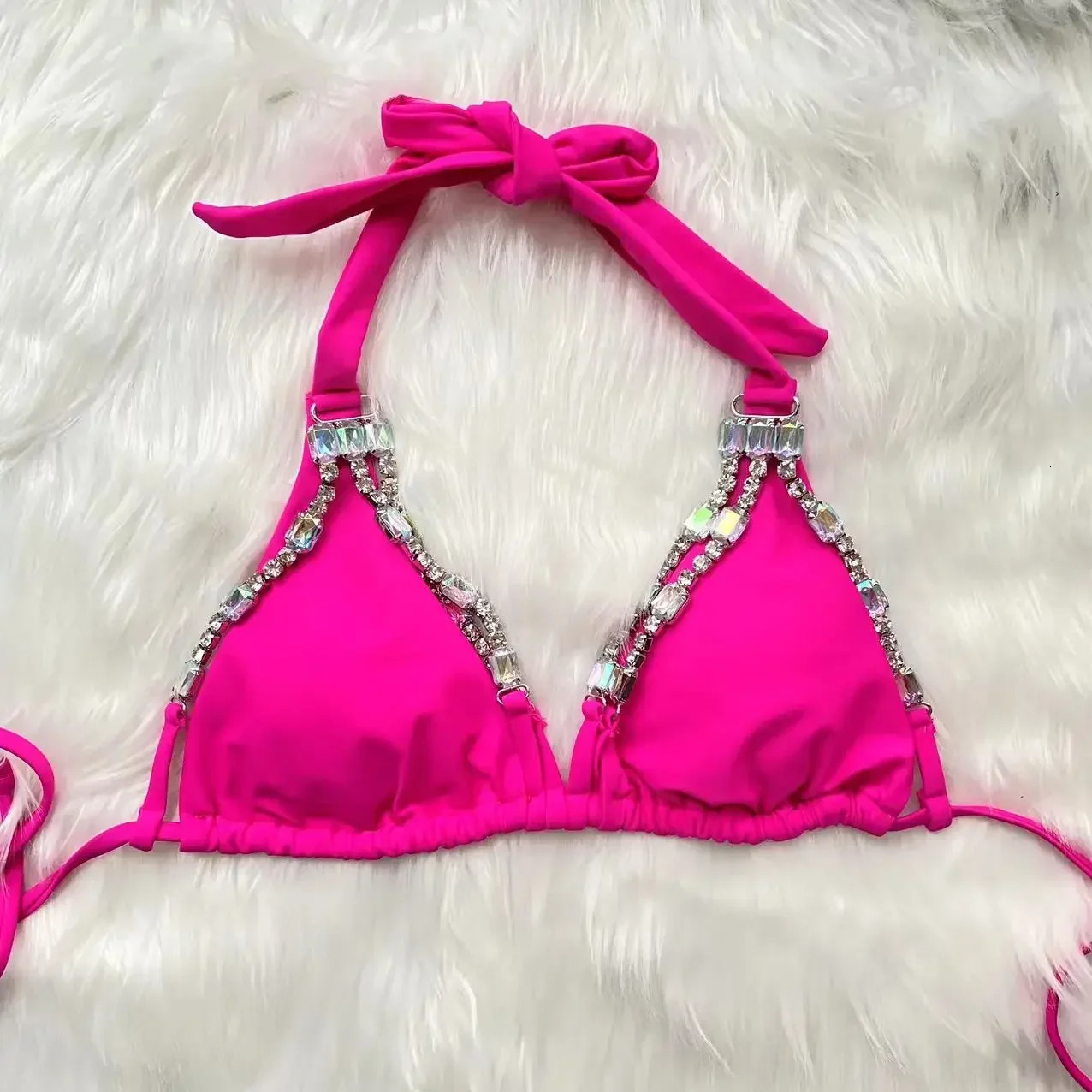 Rhinestone Bikini Women Sexy Pink Diamond Lace Up Halter Swimsuit Metal Chain Beach Bathing Suit Push Up Swimwear 250213