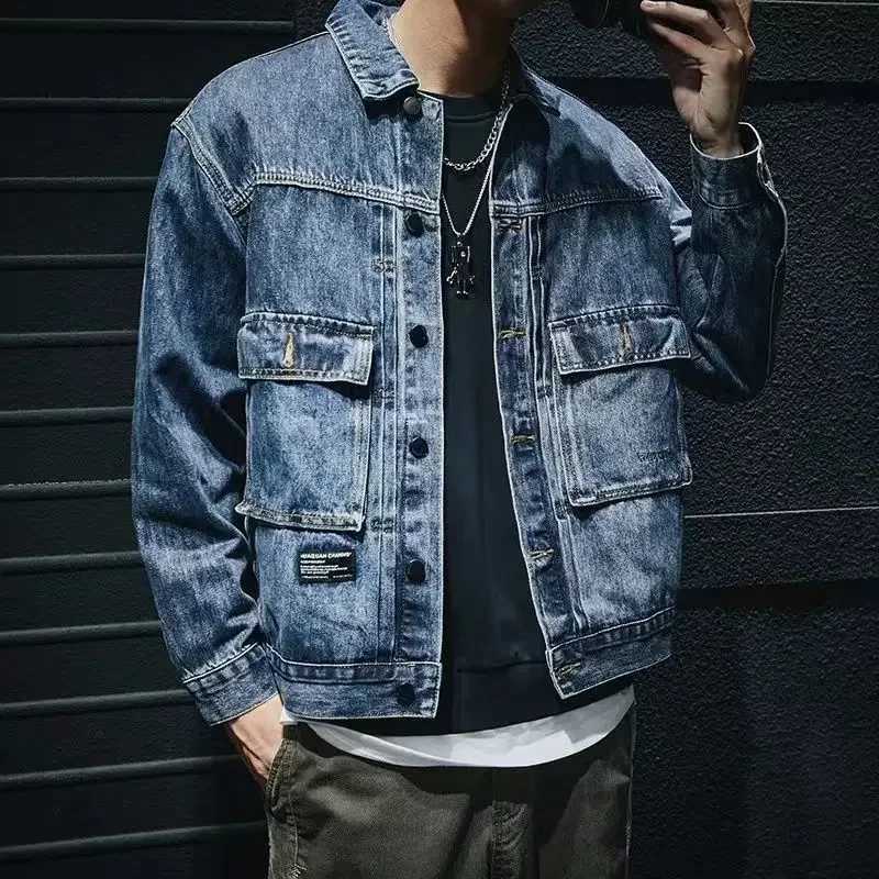 Mens Jean Coats Cargo Vintage Mens Denim Jacket Washed Aesthetic Outwear Menswear Korean Popular Clothes Size L Clothing Korea X250213