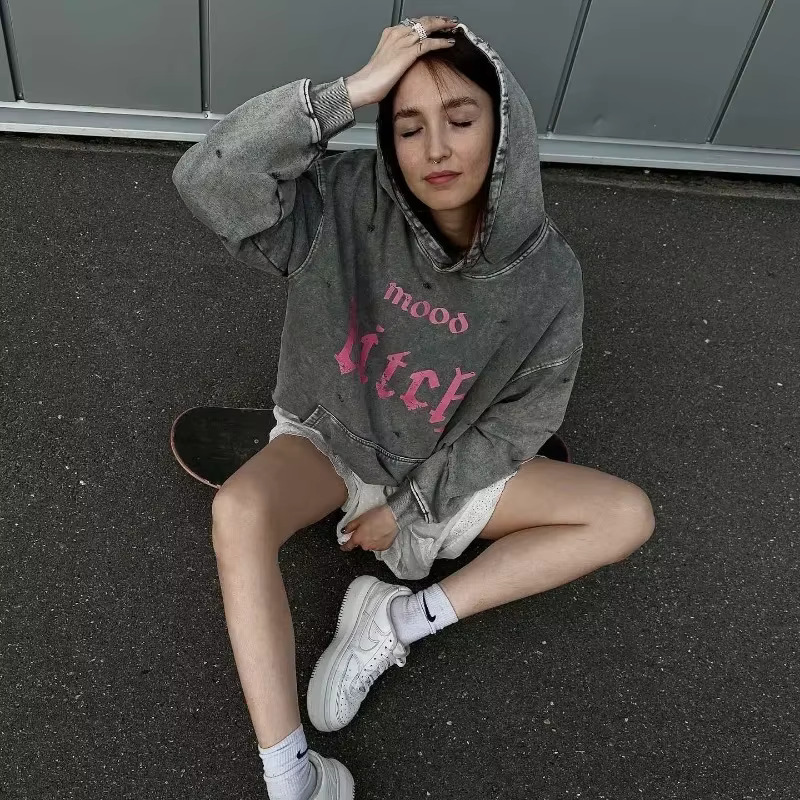 American Retro Alphabet Print Coat Men 2025 Goth Punk Haruku Street Hoodie Women Distressed Loose Sweatwear