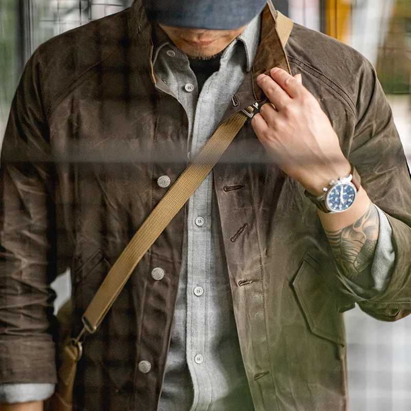 Maden Vintage Stand Collar Oil Waxed Jacket MadeMade for Mens Waterproof Canvas Solid Color Classic Hunting Coat for Autumn X250213