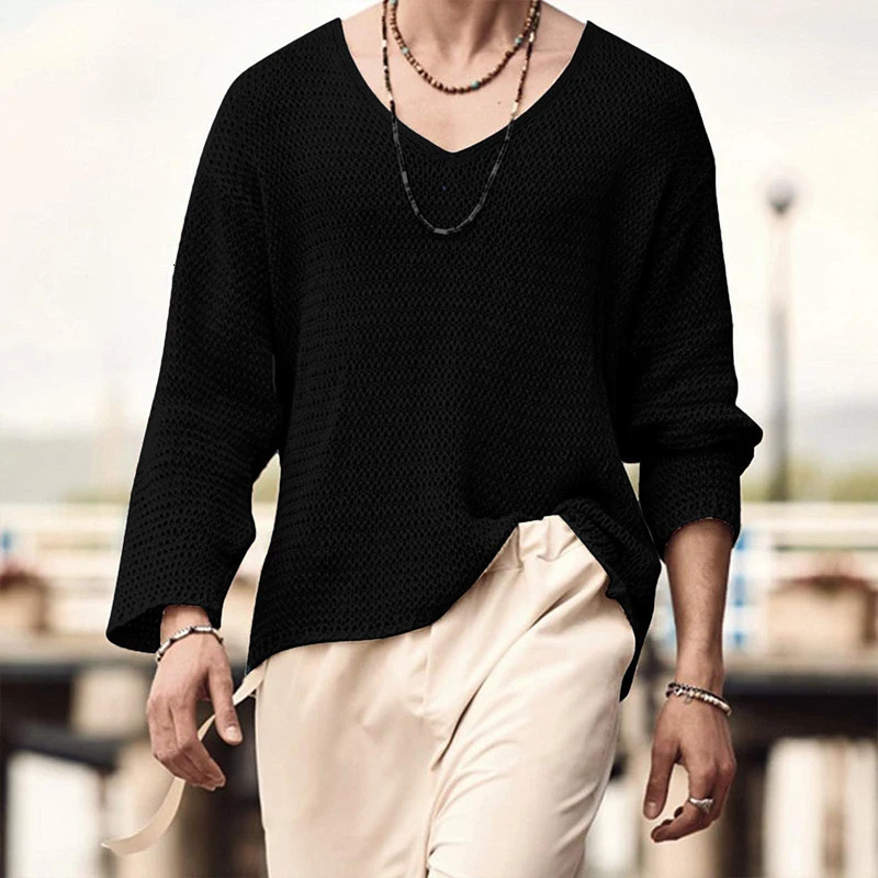 Autumn Mens Clothing Knit T Shirt Solid Color V Neck Long Sleeve Leisure Streetwear Hollow Out Loose Tees S-3XL 250208