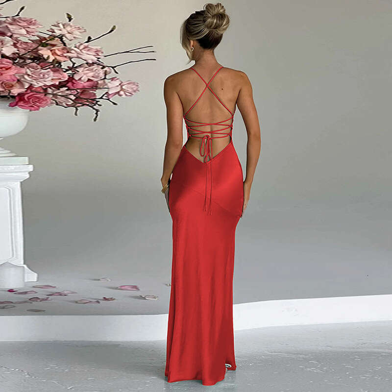 Hot selg women's spring product fashionable and sexy V-neck backless lace up slit dress wholesale 2025 new casual versatile fashion clothing