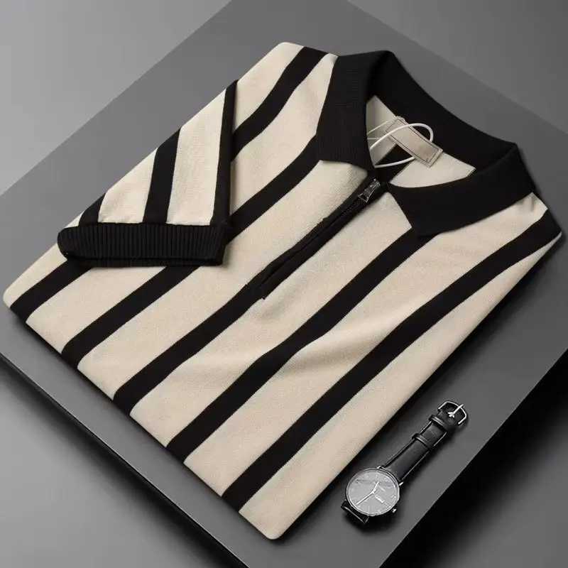 Japanese Half Zipper Light Luxury Striped Polo Shirt Light Style Summer Men Short Sleeve T-shirt Korean Knit Casual Half Sleeve X250213