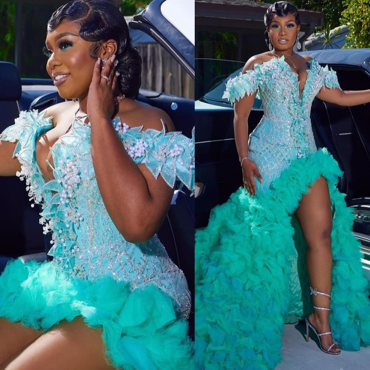 Aso Ebi 2025 Light Sky Blue Mermaid Prom Dresses Pearls Flowers Tiers Organza Evening Formal Party Second Reception Birthday Gowns Dress For Special O