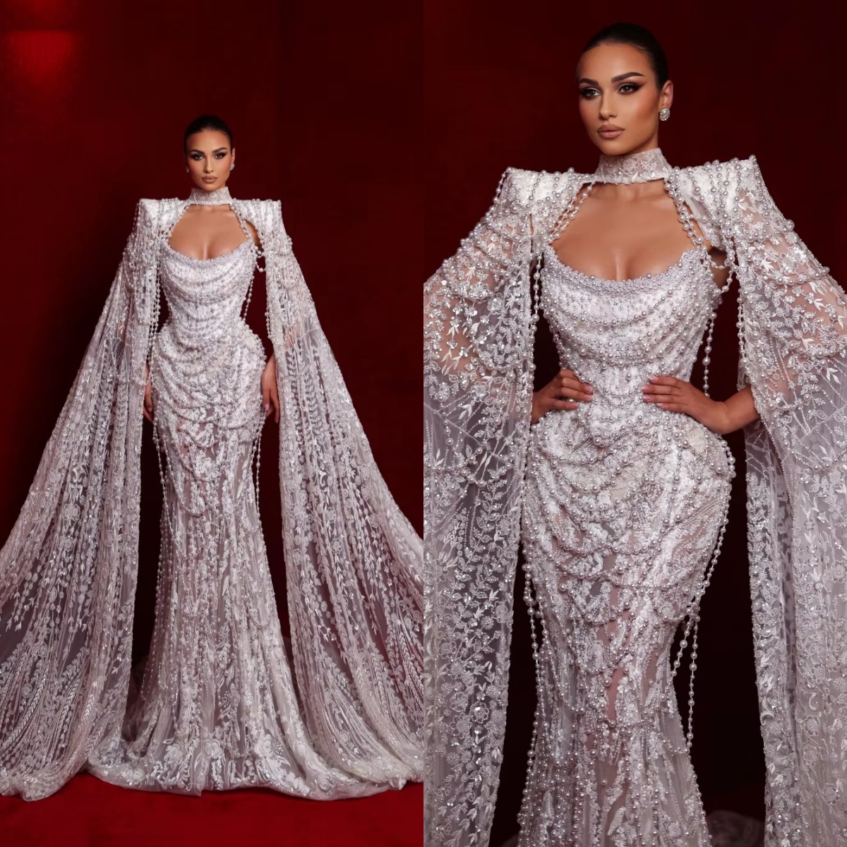 Exquisite Mermaid Wedding Dress High Collar Long Sleeves Bridal Gowns Sequins Pearls Sweep Train Dresses Custom Made vestidos de novia