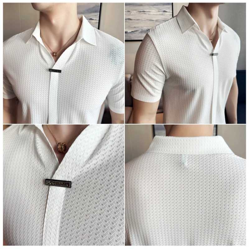 High-Grade Ice Silk Seamless Adhesive Polo Shirt High-Elastic V-neck Thin Waffle Short-Sleeved Shirt T-shirt X250213