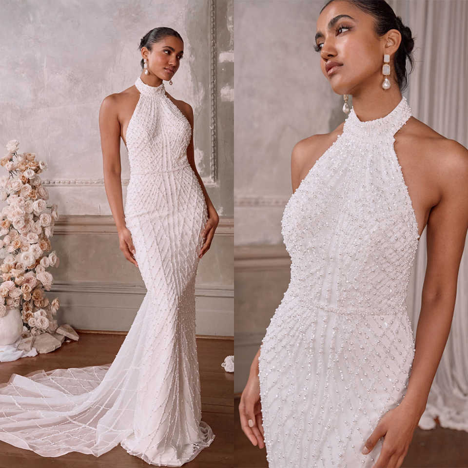 Stylish Wedding Dresses Halter Pearls Mermaid Bridal Gowns Sequins Backless Customized Sleeveless Princess Sweep Train Beach Bride Dress Vestidos De N