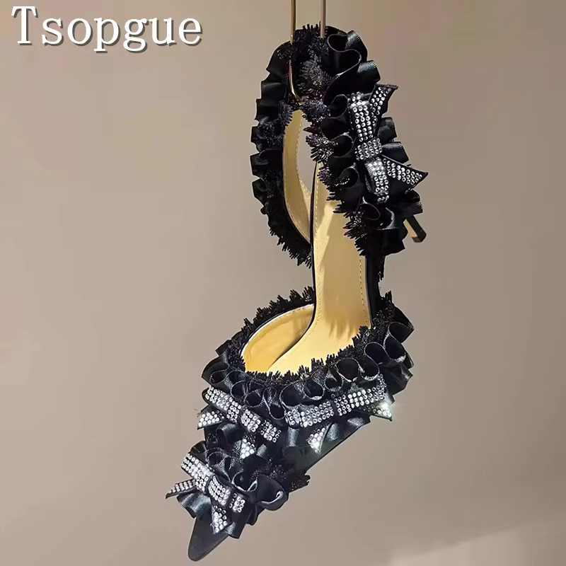 Design Rhie Bow Decoration Satin Pumps Women Elegant Pointed Toe Lace High Heels Sandals Bride Wedding Party Shoes