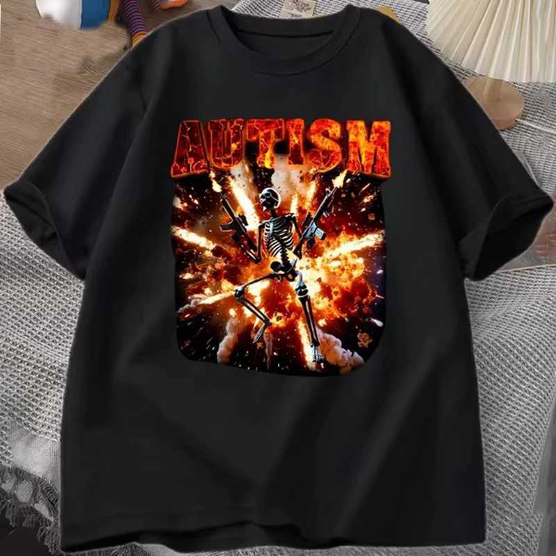 Autistic Funny Skeleton T-shirt Womens Autism Edgy Skeleton Meme T-shirt Casual Short Slip T-shirt Round Neck Dress X250213