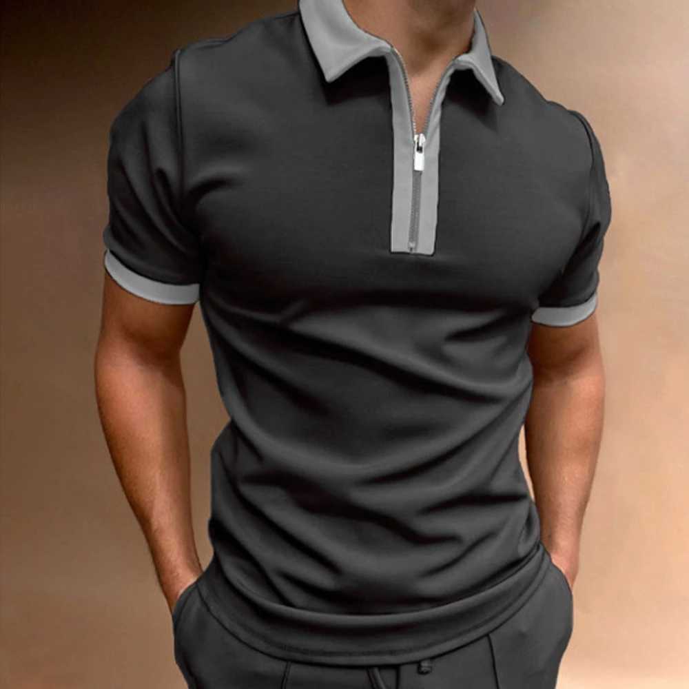 Mens Short-sleeved T-shirt Slim Fit Patchwork Zipper Turn Down Collar Mens Polo Summer T-Shirts Streetwear Breathable X250213
