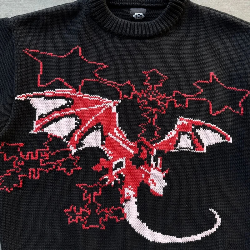Y2K Mens fashionable pullover Harajuku Round Neck loose Streetwear Gothic HipHop Cartoon Flying Dragon Pattern embroidery Sweater 250211