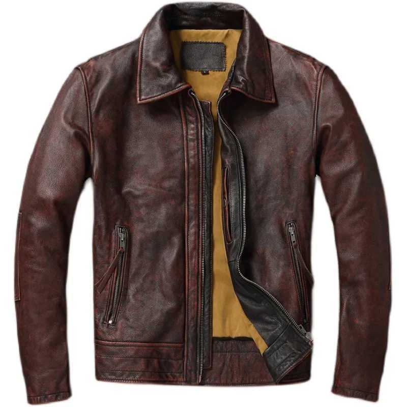 Top layer Cow Oversized Leather Jacket Red-Brown American retro Motorcycle Style Color Distressed High Sense Coat X250213