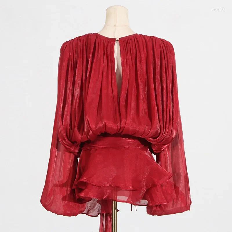 CMLONGBIDA Casual Dresses Chic Ruffle Hem Mini Dress O Neck Lace Up Loose Blouse Lantern Sleeve Solid Chiffon Vestidos 2025 Lady Spring Gown