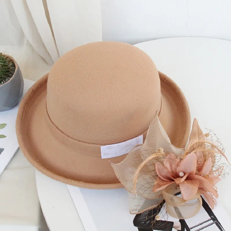 Women Warm Wool Felt Flowers Hat Ladies Wide Brim Autumn Winter Elegant Girls Fashion Party Cap Decoration 250118