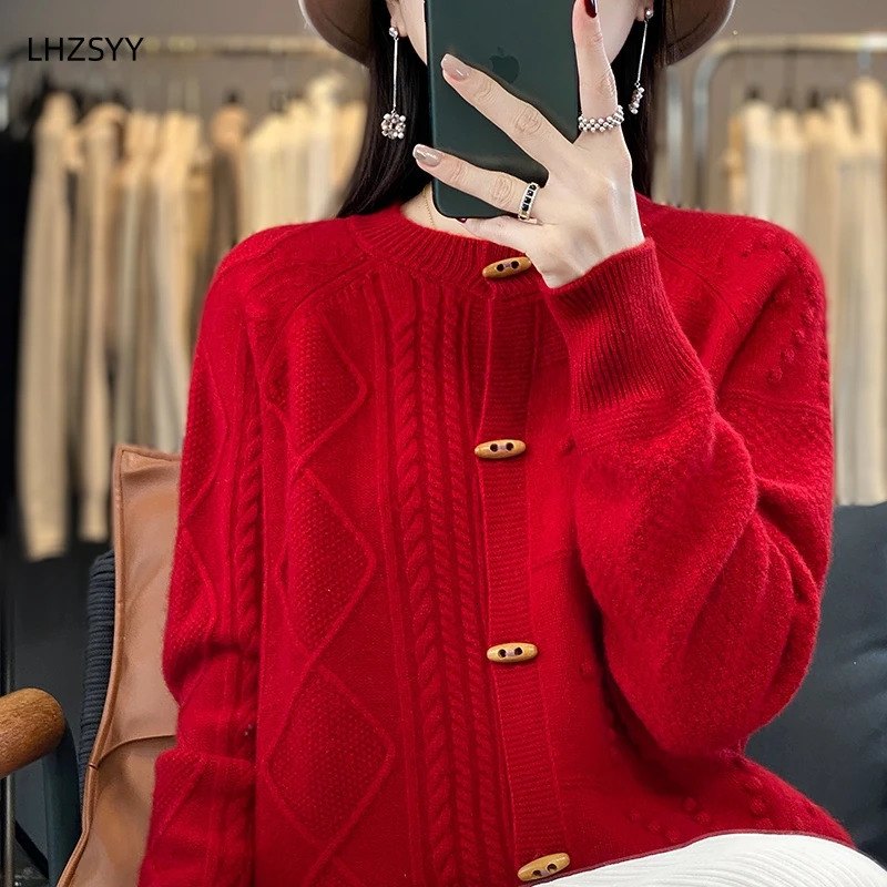 LHZSYY Fall/Winter 100%Pure Wool Cardigan Womens O-Neck Jacquard Coat Casual Large Size Sweater Warm Knit Top Female Jacket 250206