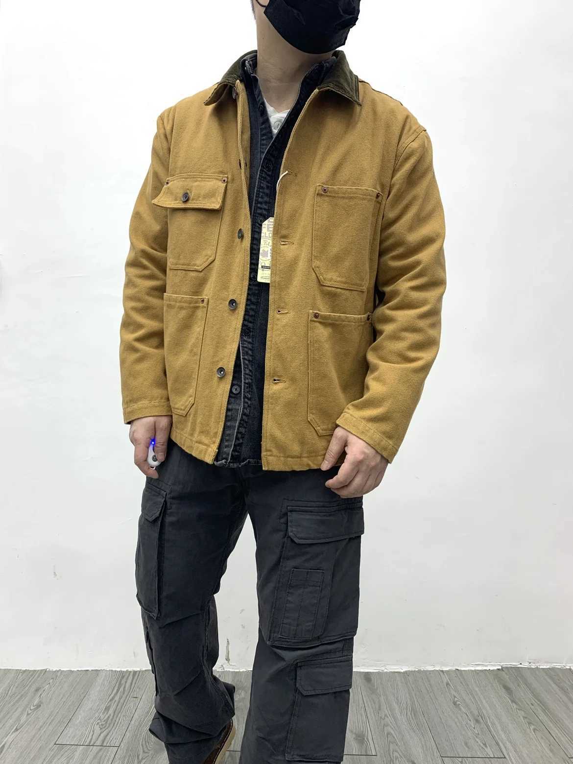 American retro heavyweight Michigan canvas jacket mens multiple pockets vintage American corduroy lapel workwear jacket outwear X250213