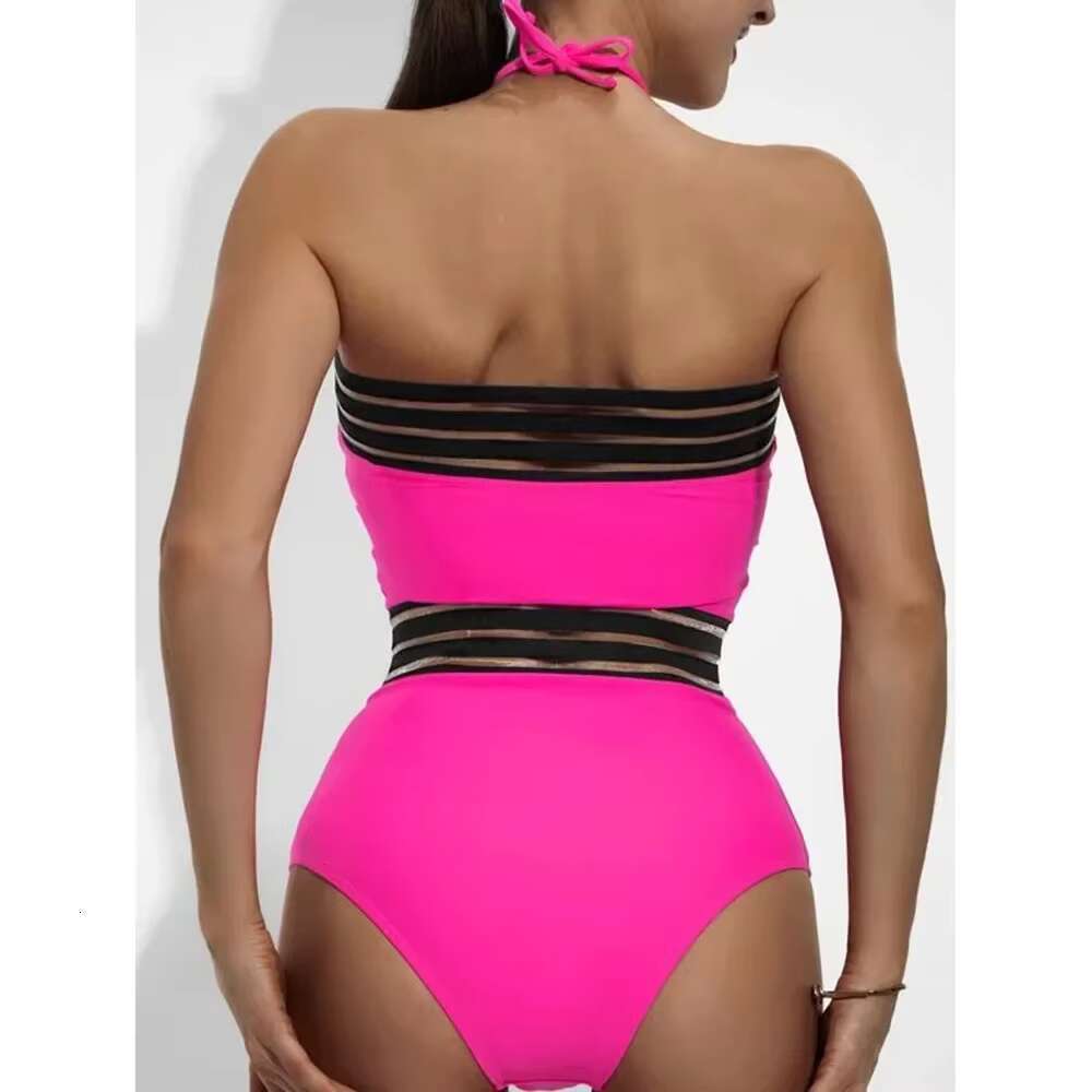 2024 Sexy One Piece Swimsuit Swimwear Women Patchwork Hollow Mesh Halter High Waist Bathing Suit Beachwear Maillot De Bain Femme