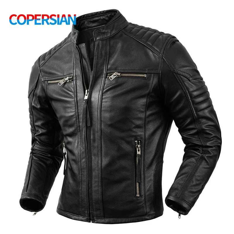 2023 New Motorcycle Causal Vintage Leather Coat Men Autumn Outfit Fashion Biker Pocket Design Top Layer Cow Leather Jacket X250213