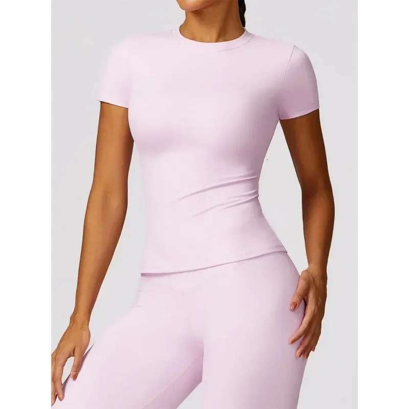 Seamless Yoga Set Women Pink Short Sleeve Top with High Waist Leggings Two Piece Workout Clothes Sports Fiess Gym Sets