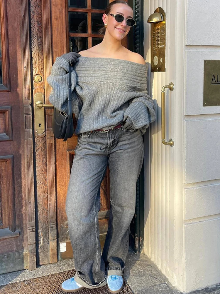 BKQU Solid Off Shoulder Knit Sweater Women Fashion Long Sleeve Oversized Thick Knitwear Pullover Autumn Winter Streetwear 250210