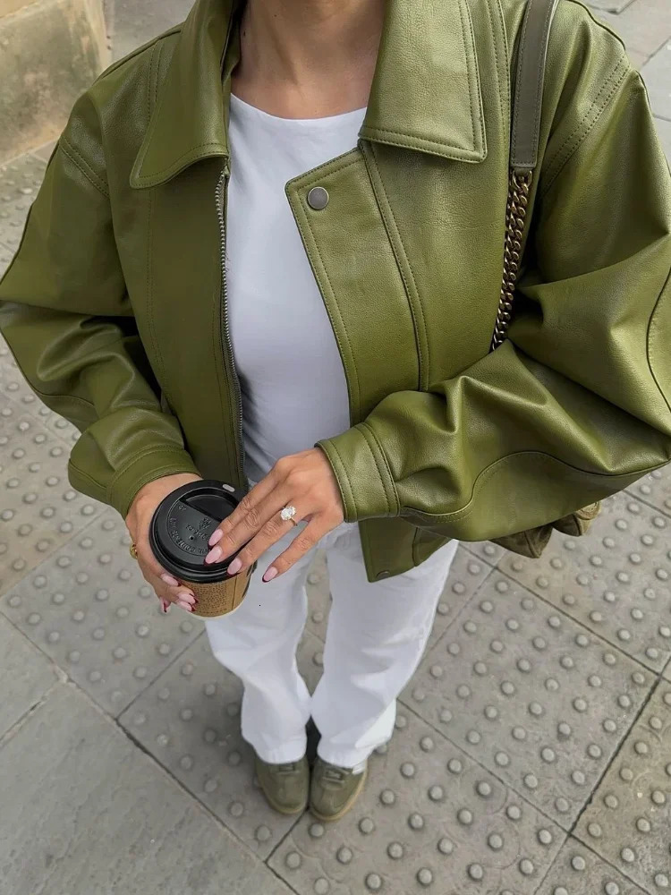 Fashion Green Leather Sleeve Loose Jacket Women Chic Laple Zipper Cropped Short Coats 2024 Lady Casual High Street Outerwear 250122