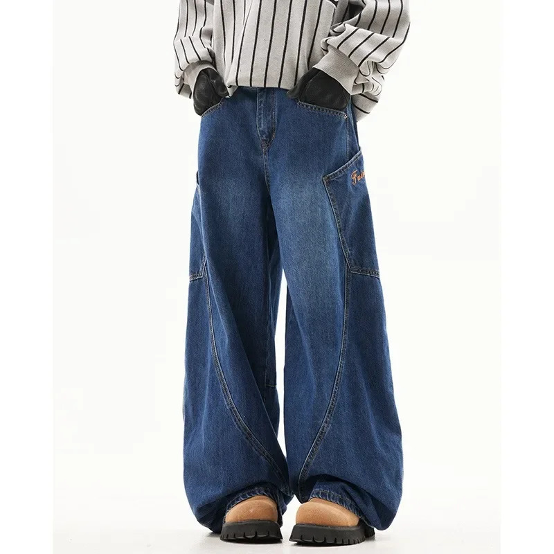 American Style Vintage Large Pocket Curved Jean Womens Spring Autumn Spicy Girl High Street Sensibility Loose Fit Wide L 250210
