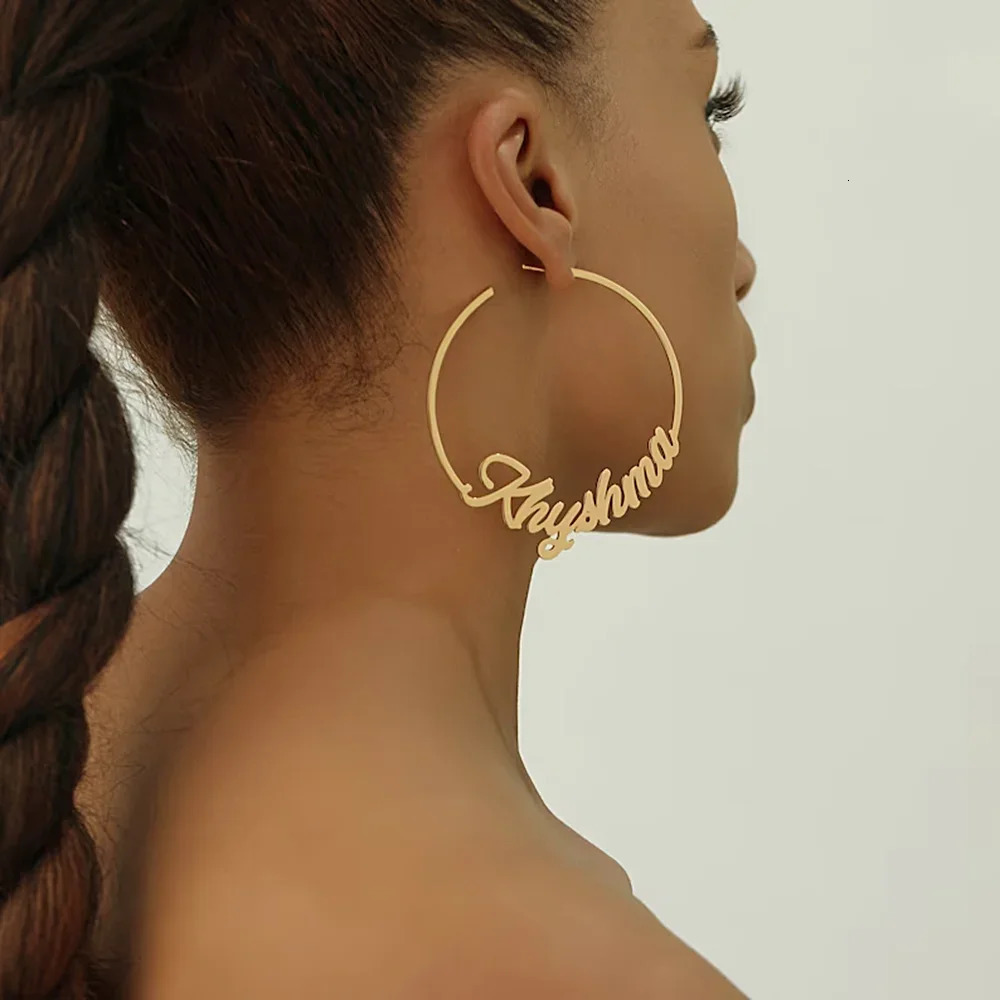 Custom Personalise Name Earring for Women Stainless Steel Type C Perforation 70mm Big Hoops Earrings A Pair Jewelry Gift 250114