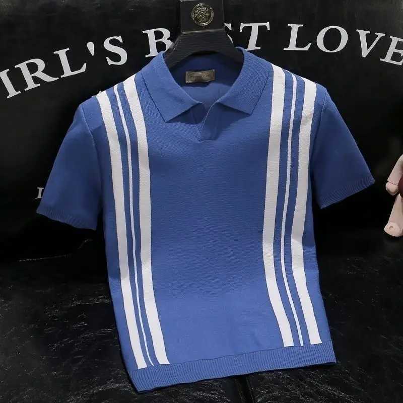 Korean mens striped polo shirt summer streetwear fashionable mens clothing T-shirt slim fit short sleeved loose basic casual top X250213