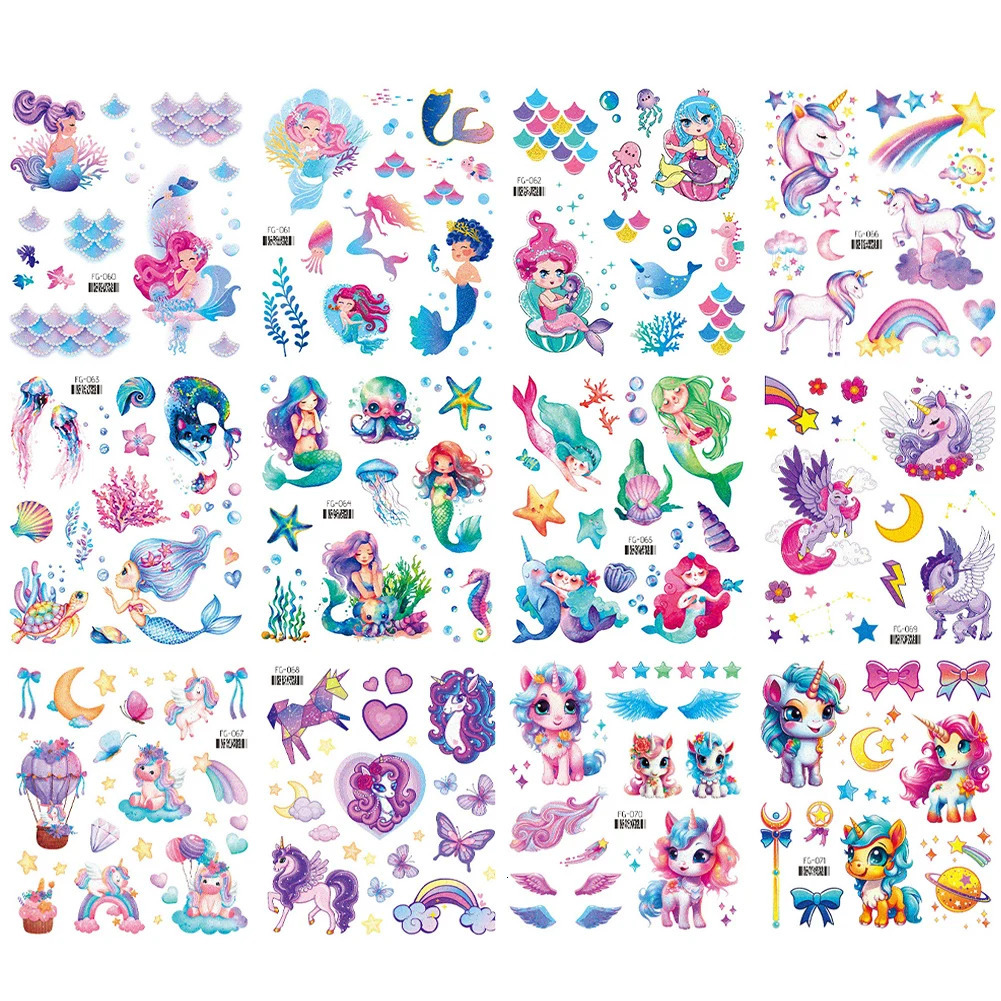 6PCS Cartoon Glitter Tattoos Waterproof Mermaid Unicorn Sparkly Rainbow Tattoo Sticker for Kids Birthday Party Favors Decor 250117