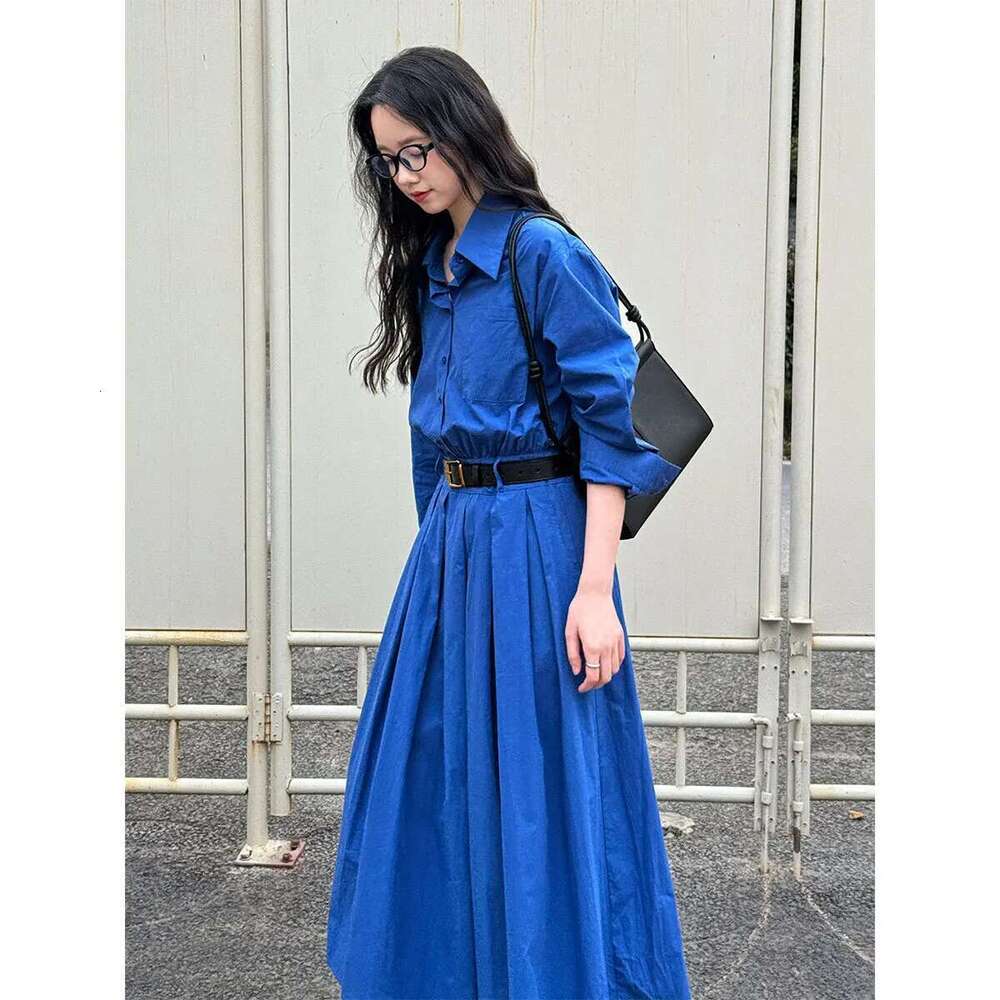 Women Spring Slimming Long Dress With A Cinched Waist Blue Polo Collar Shirt