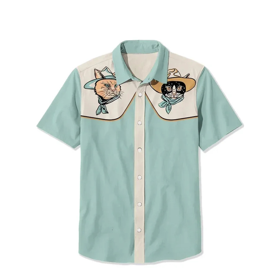 Fashion Mens Short Sleeve Shirt Western Cowboy Print Street Daily Comfortable Mens Lapel Tops Large Size Mens Shirt 250211