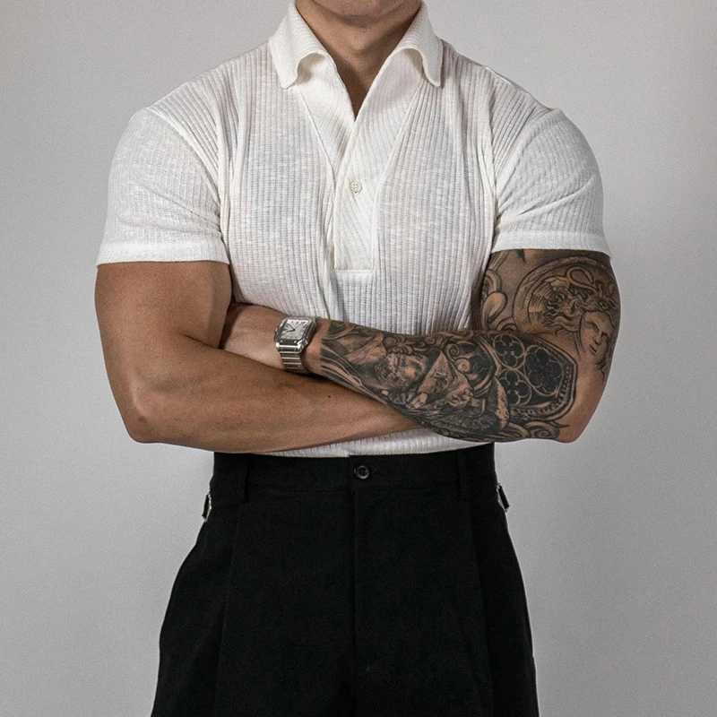 Fashionable ribbed polo shirt for men sports and fitness muscle short sleeved slim fit elastic top casual solid color lapel polo mens T-shirt X250213