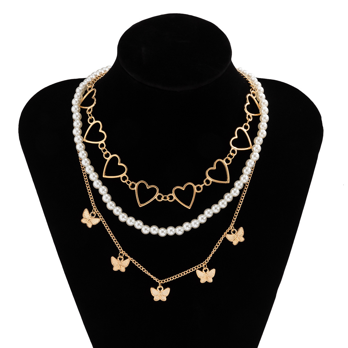 Jewelry Decoration Heart Hollow Neckchain Multi layered Punk Little Butterfly Imitation Pearl Necklace Ornament for Women