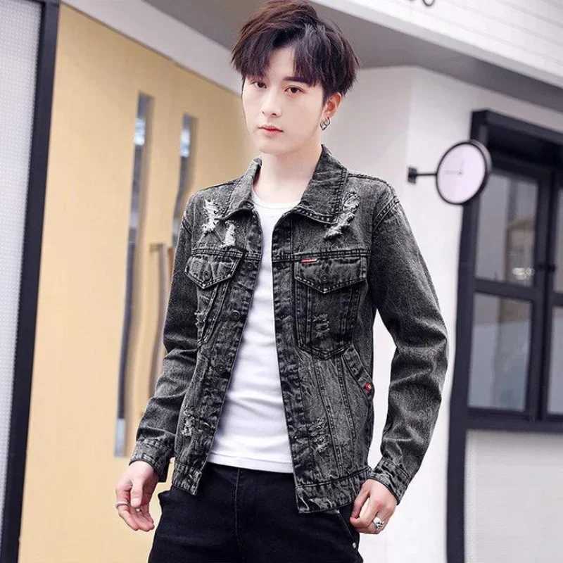 Mens Denim Jacket Autumn Ripped Male Jean Coats with Hole Punk Trendy Y2k Korea Menswear Vintage Clothing Winter Outerwear Rock X250213
