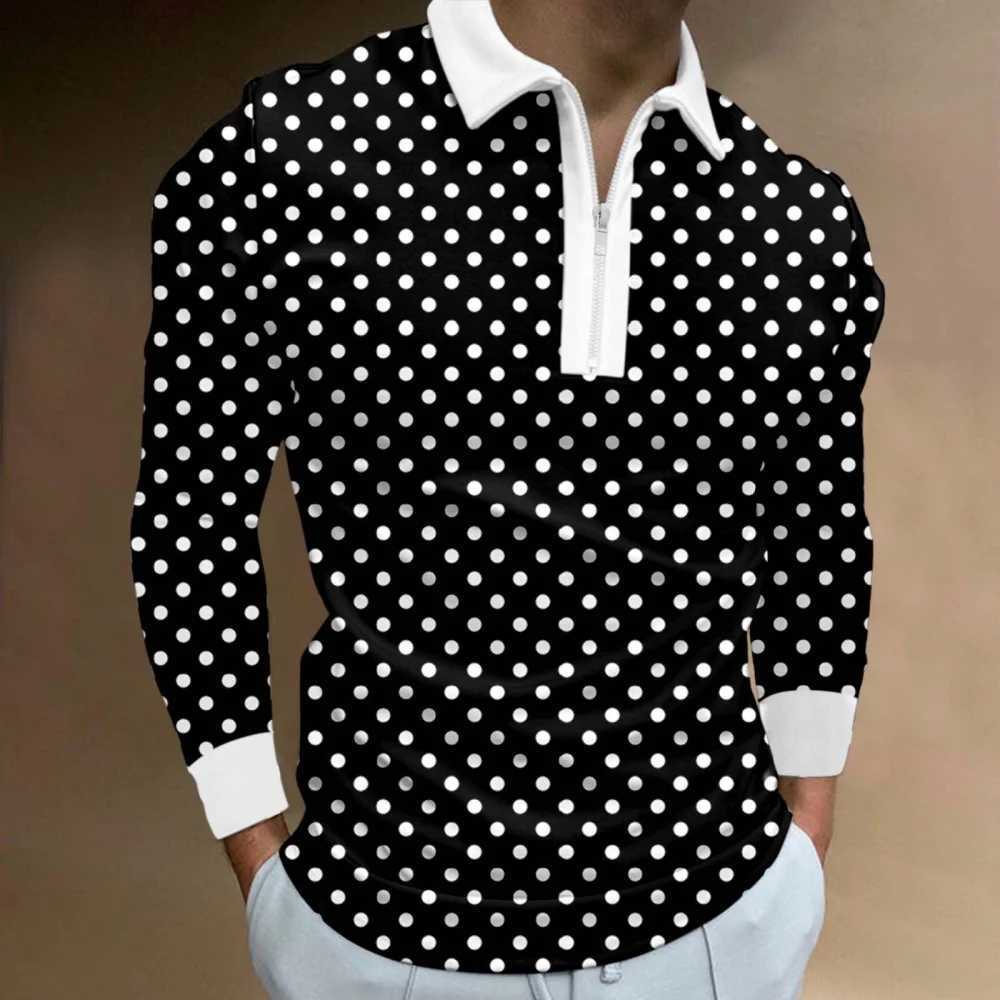 Mens polo shirt retro color printed fashionable sports lapel clothing mens T-shirt top casual zipper long sleeved clothing X250213