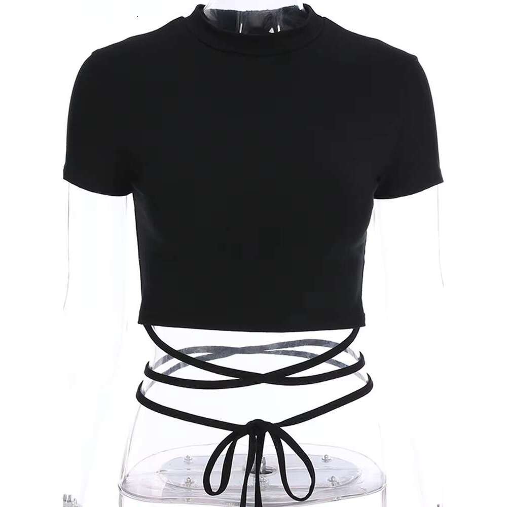 2021 Summer Women Black T-Shirts Sexy Crop Short Sleeve Bandage Tee Tops Female Shirts