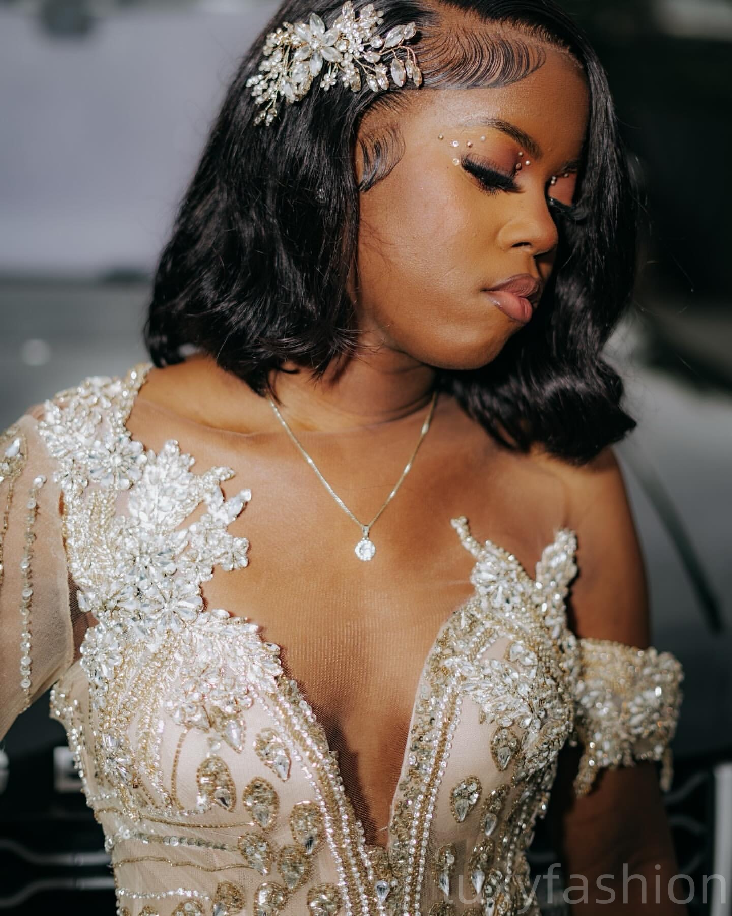 Aso Ebi 2025 Champagne Illusion Mermaid Prom Dresses Crystals Full Sleeves Evening Formal Party Second Reception Birthday Gowns Dress For Special Occa