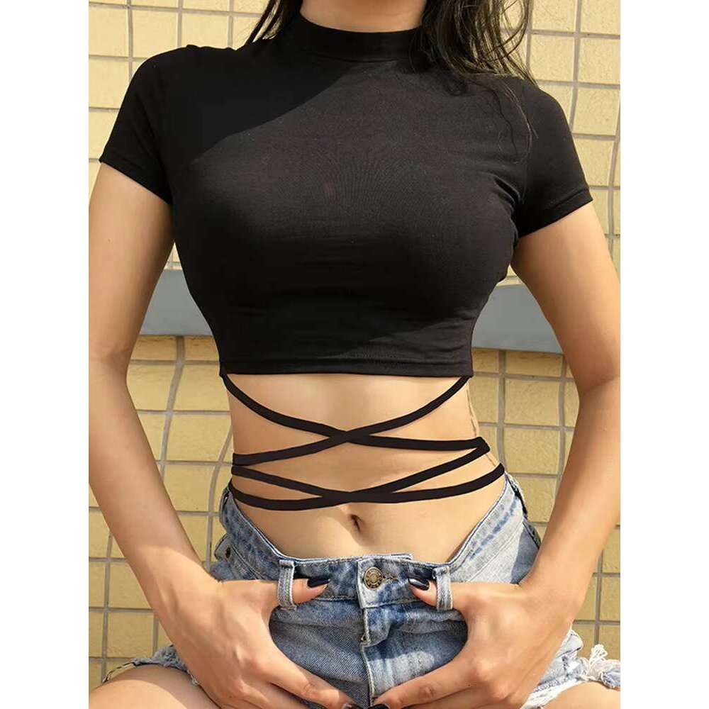 2021 Summer Women Black T-Shirts Sexy Crop Short Sleeve Bandage Tee Tops Female Shirts