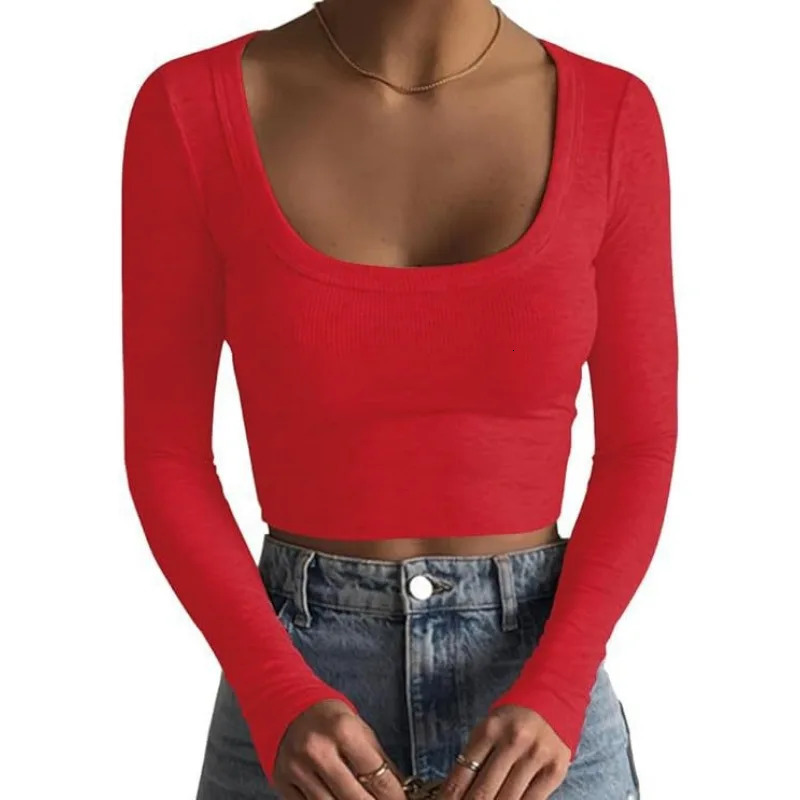 O Neck Long Sleeve Shirt Women Ribbed Sexy Cropped Tops Spring Black Casual Skinny Slim Basic Woman T Shirts White 250211