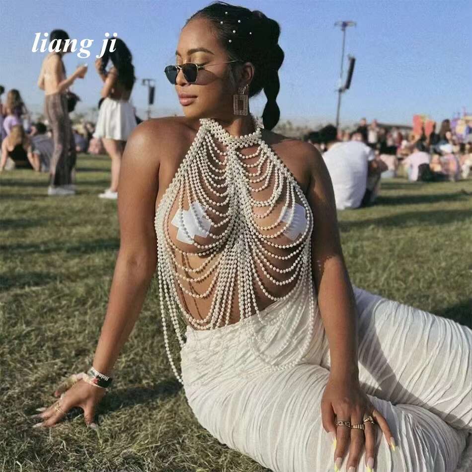 Body Jewelry Simulated Pearl Sexy Shawl Necklace Bra Tassels Fashion Bikini Chest Wrapping Chain Party